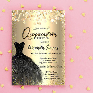 Invitation Dots Confetti d'or, Robe noire Quinceañera