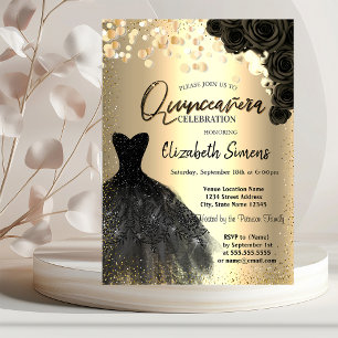 Invitation Dots Confetti d'or, Robe noire Rose Quinceañera