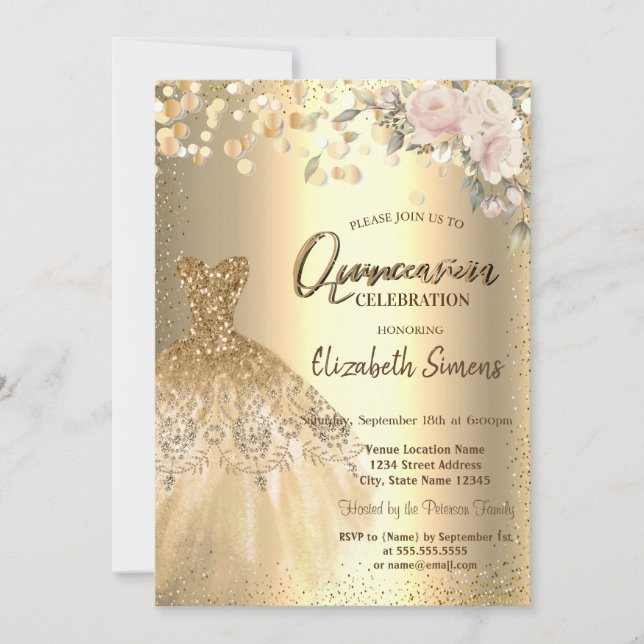 Invitation Dots Confetti d'or, Robe, Rose Quinceañera (Devant)