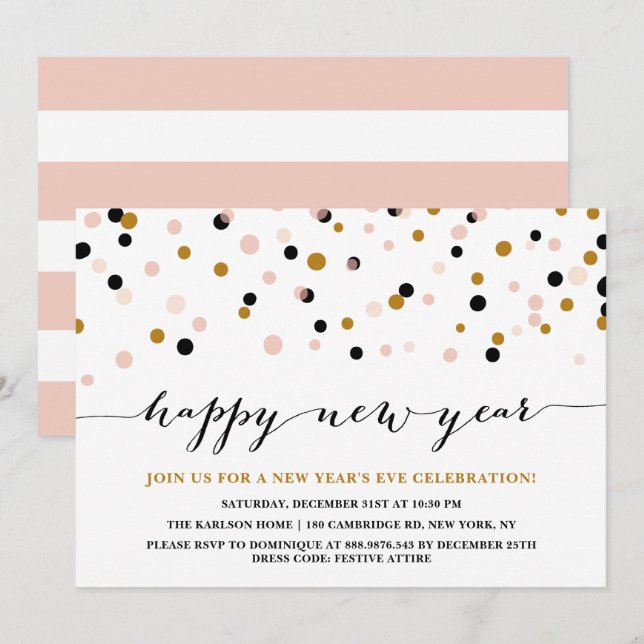 Invitation Dots Confetti rose et cuivre pour la fête de la Sa (Devant / Derrière)