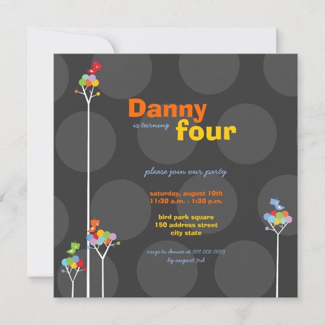 Invitation Dots de couleur blanche Oiseaux Arbres Enfants 4e  (Devant)