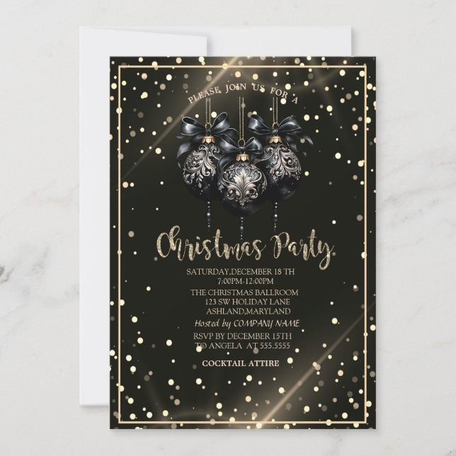 Invitation Dots d'or, Boules de Noël Noir Compagnie Noël (Devant)