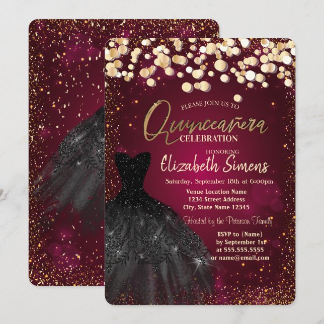 Invitation Dots d'or, Robe Noire Bourgogne Quinceañera (Devant / Derrière)