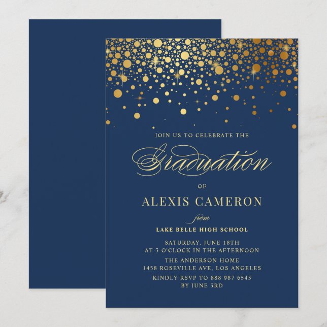 Invitation Dots Faux Gold Confetti Marine Bleu Graduation (Devant / Derrière)