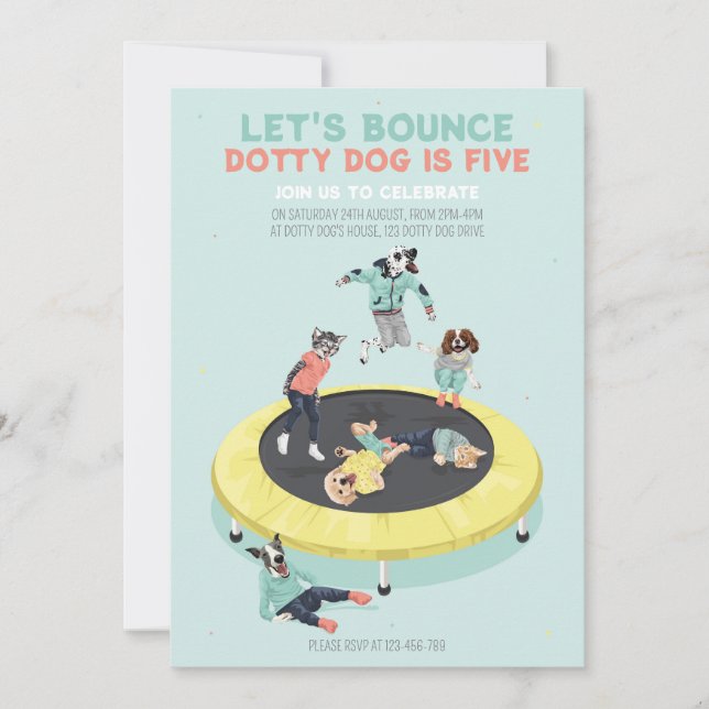 Invitation Dotty Dog Bounce sur Trampoline 5e fête d'annivers (Devant)