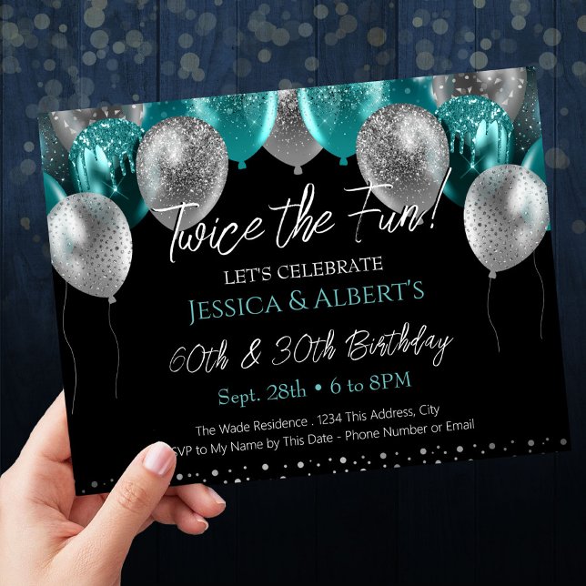 Invitation Double Anniversaire Turquoise et ballons d'argent (Créateur téléchargé)
