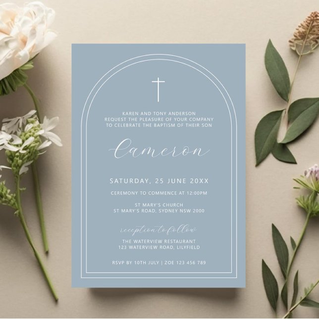 Invitation Double arc simple croix bleu baptême baptême baptê (Créateur téléchargé)