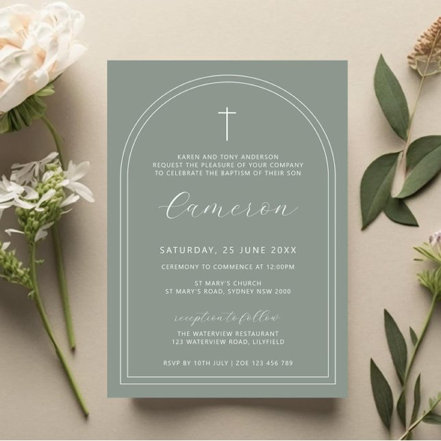 Invitation Double arche simple sauge croisée baptême baptême  (Créateur téléchargé)