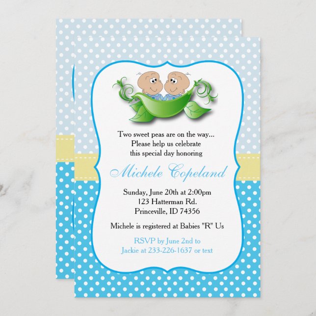 Invitation Double Bébé Douche Garçon - Deux Pois Dans Une Poi (Devant / Derrière)