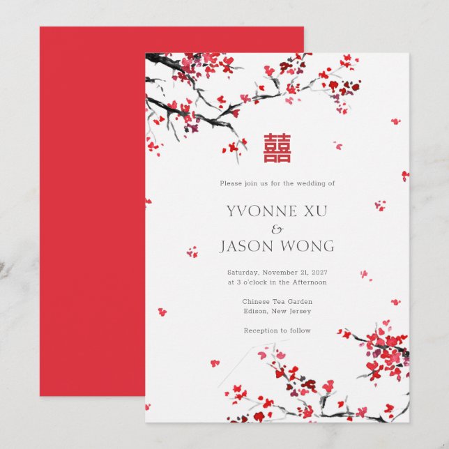 Invitation Double Bonheur Chinois Rouge Élégant Mariage (Devant / Derrière)