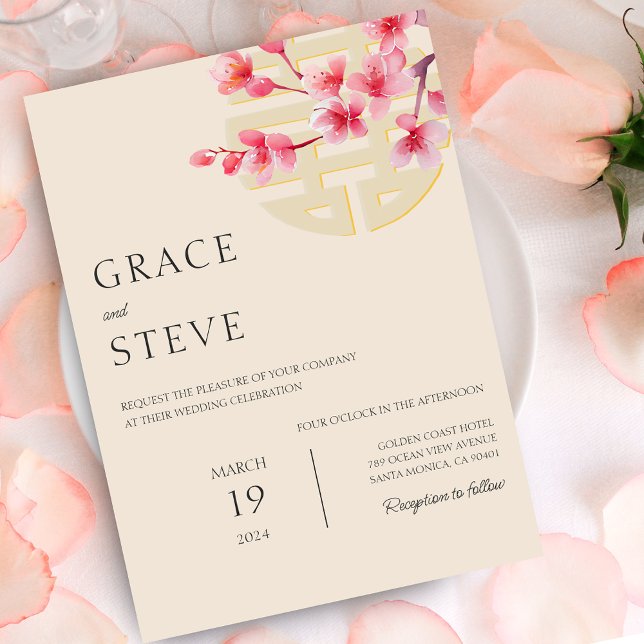 Invitation Double bonheur moderne Mariage coréen chinois (Modern Double Happiness Chinese Korean Wedding Invitation)