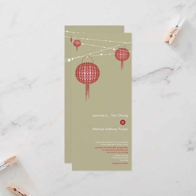 Invitation Double Bonheur Red Lanterns Chic Mariage chinois (Devant/Arrière en situation)