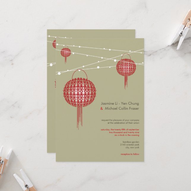 Invitation Double Bonheur Red Lanterns Chic Mariage chinois (Devant/Arrière en situation)