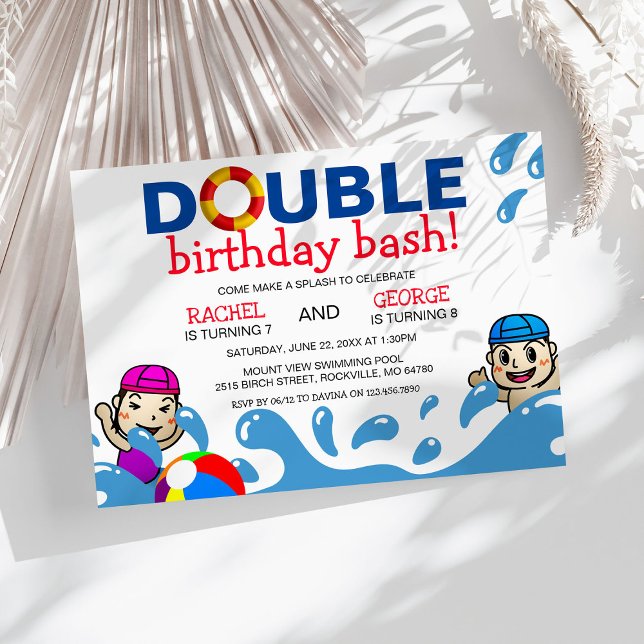 Invitation Double célébration | Piscine pour enfants fête d'a (Créateur téléchargé)