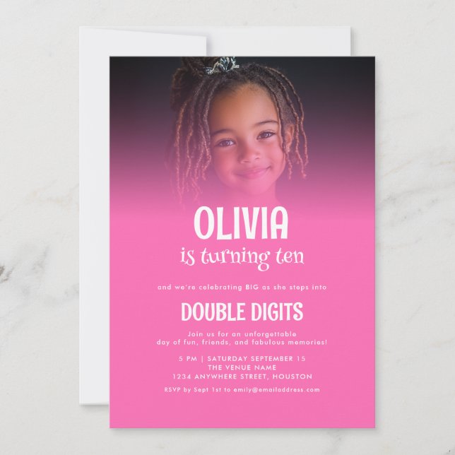 Invitation Double chiffres tendance Photo Hot Pink 10e partie (Devant)