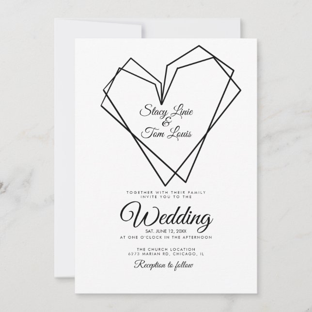 Invitation Double coeur géométrique moderne Mariage noir (Devant)