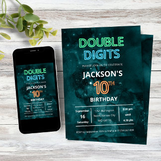 Invitation Double Digits Boys Neon Space 10th Birthday