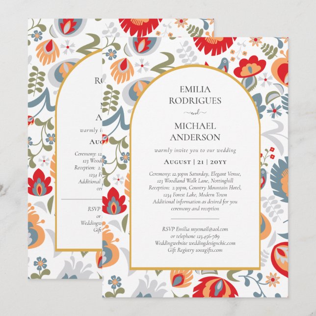 Invitation Double face BILINGUAL Mariage Folk Fleurs d'art fo (Devant / Derrière)
