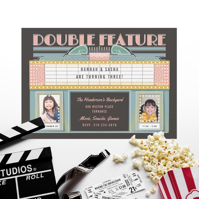 Invitation Double Feature Film Twins Anniversaire Fête (Créateur téléchargé)