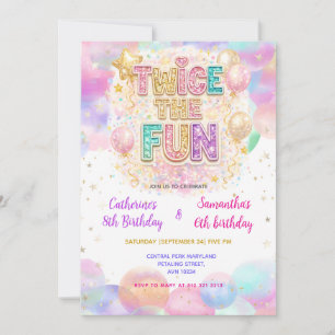 Invitation Double Fête Anniversaire Paillettes Pastel