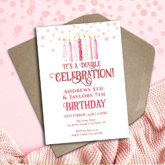 Invitation Double fête d'anniversaire Enfants bougies roses
