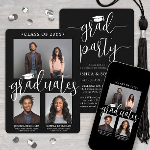 Invitation Double Graduation 2 Grads noir blanc photo conjoin