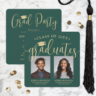 Invitation Double Graduation 2 Photos Green Gold Joint Party