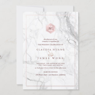 Invitation Double Happy Marble Faux Rose Gold, chinois