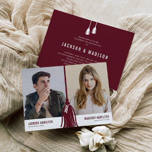 Invitation Double Joint Graduation Bourgogne Pompon Fête