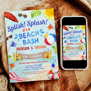 Invitation Double Jumeau Plage Bassin Été Enfant Anniversaire