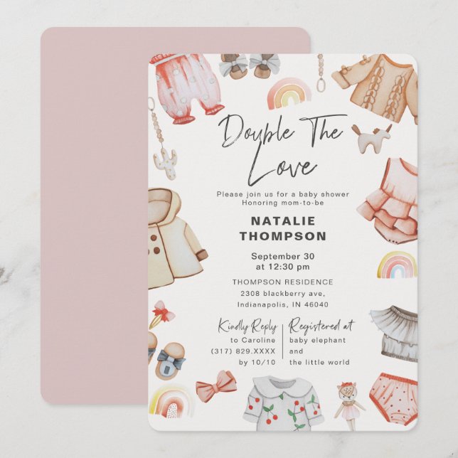 Invitation Double L'Amour Fille Twins Baby shower rose (Devant / Derrière)
