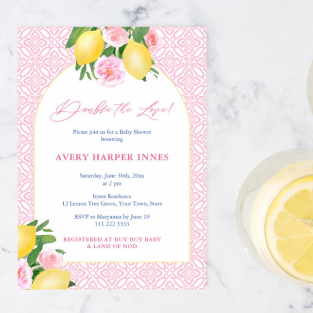 Invitation Double Le Baby shower Love Lemons Rose Twin Girls (Double The Love Italian Lemons With Pink Tiles Baby Shower Invitation For Twin Girls)