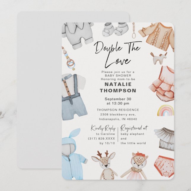 Invitation Double le Love Twins Boy Girl Baby shower (Devant / Derrière)