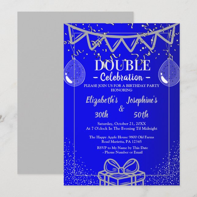 Invitation Double mixte adulte fête d'anniversaire | Argent b (Devant / Derrière)