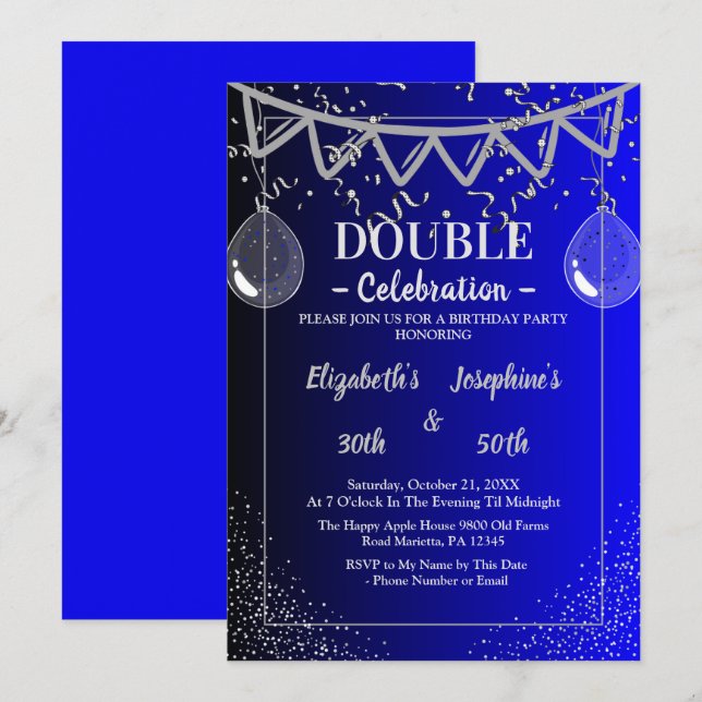 Invitation Double mixte adulte fête d'anniversaire | Argent b (Devant / Derrière)