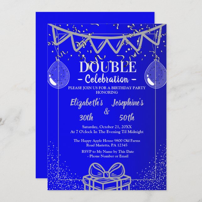 Invitation Double mixte adulte fête d'anniversaire | Argent b (Devant / Derrière)