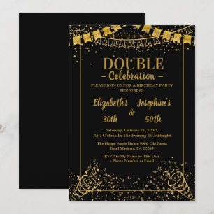 Invitation Double mixte adulte fête d'anniversaire   Or noir