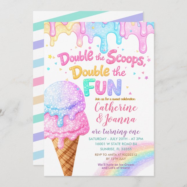 Invitation Double the Scoops Birthday ice Cream Glitter (Devant / Derrière)
