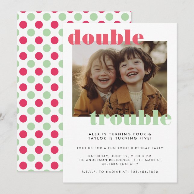 Invitation Double Trouble Joint Kids Photo Anniversaire (Devant / Derrière)