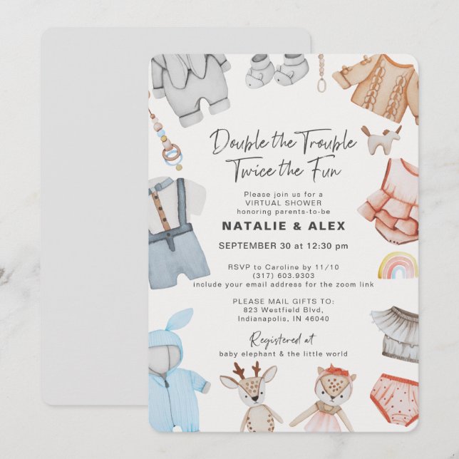 Invitation Double Trouble Twins Boy Girl Baby shower virtuel (Devant / Derrière)