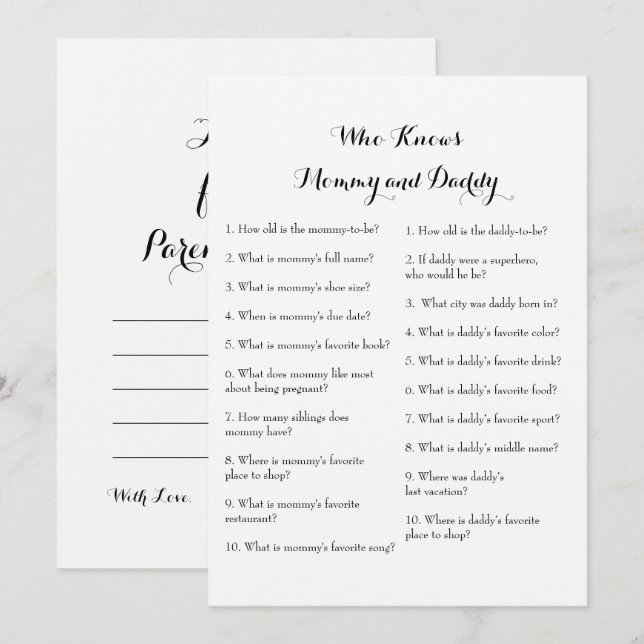 Invitation Doubles jeux latéraux de baby shower - conseil | (Devant / Derrière)