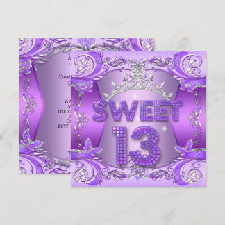Invitation Douce 13 13e Anniversaire Fête Tiara Violet Argent