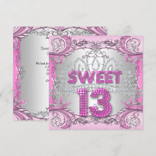 Invitation Douce 13 13ème Anniversaire Fête Rose Argent Tiara