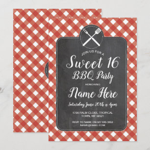 Invitation Douce 16 Anniversaire Fête BBQ Red En vichy Chalk