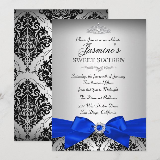 Invitation douce 16 ans en damas argent et bleu ro (Devant / Derrière)