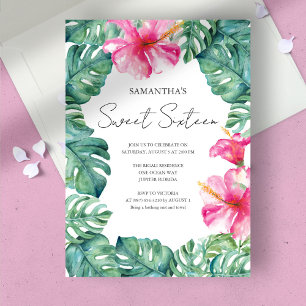 Invitation Douce 16 Aquarelle Fleurs Roses Tropicales