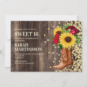 Invitation Douce 16 Bottes de bois rustique Tournesols Roses