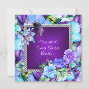 Invitation Douce 16 Élégant Violet Argent Bijou Fleurs