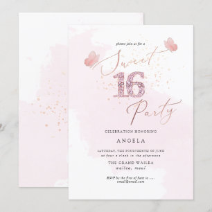 Invitation Douce 16 Papillons Diamant Rose Aquarelle Invit