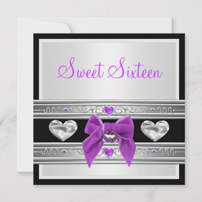 Invitation Douce 16 Seize Anniversaire Blanc Noir Violet Bow (Devant)